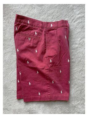 POLO By RALPH LAUREN All-Over EMBROIDERED PONY Washed Red PLEATED SHORTS Size 32